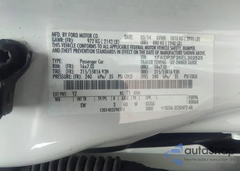 2014 Ford Focus Se z USA, uszkodzony, nr VIN 1FADP3F26EL302525